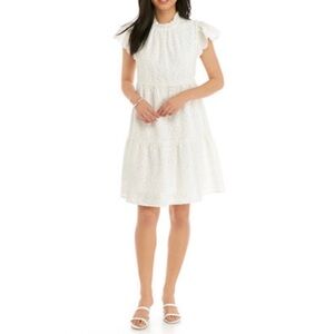 Crown & Ivy Babydoll White Eyelet embroidered Flutter Short Sleeve Tiered Dress